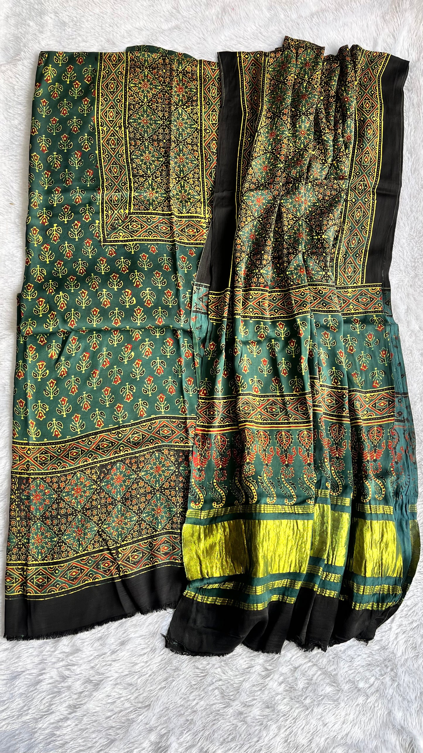 Green Small Booti Print Modal Silk Ajrakh Natural Dyed Hand Block Suit Set with Lagdi Patti Dupatta