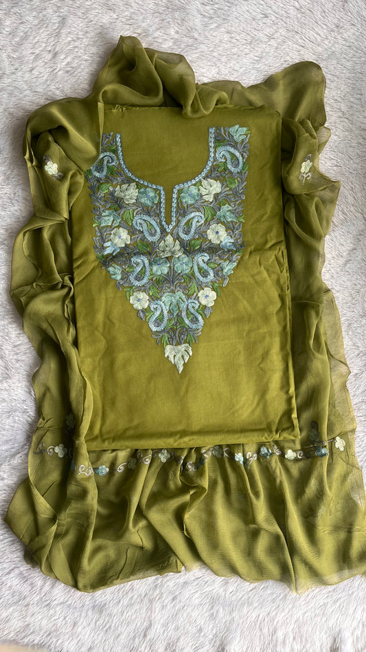 Mehendi Green with Firozi Work Muslin Cotton Kashmiri Aari Embroidered 3pc Suit Set