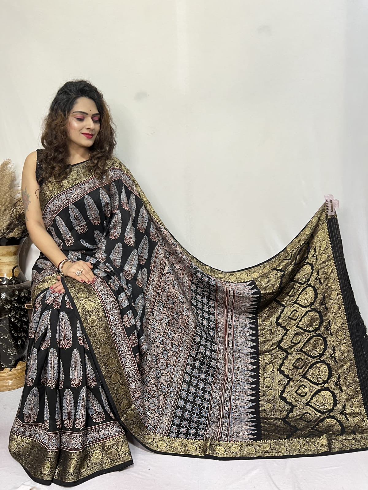 Black Asopallav Ajrakh Hand Block Dola Silk Zari Pallu Saree With Blouse