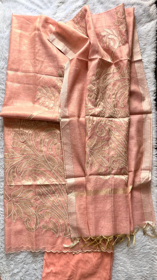 Peachish Pink Shade Banarasi Tissue Linen 3-Piece Suit with All over Applique Work on Daman and Dupatta
