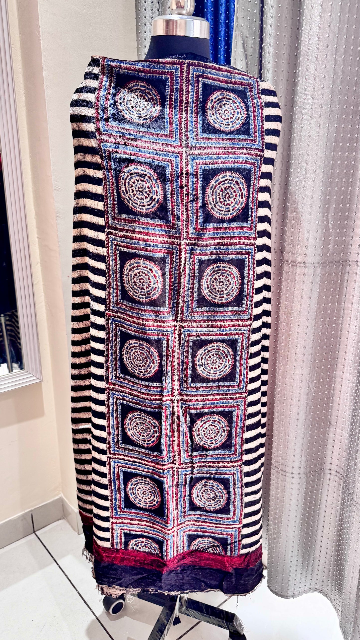 Black Stripes Buta Velvet Fabric Ajrakh Hand Block Print Designer Unstitched Fabric (Kurta Only)