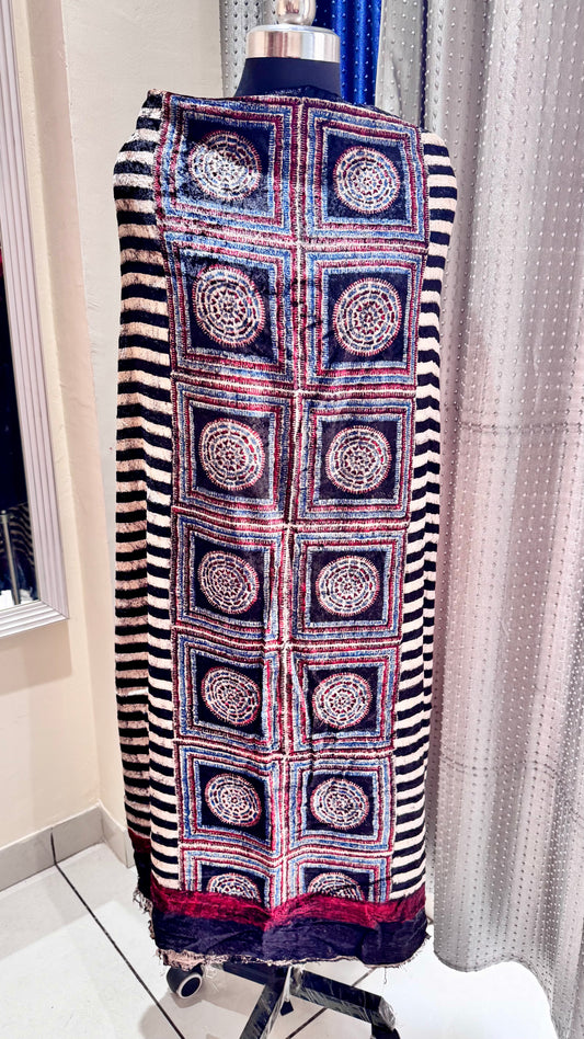 Black Stripes Buta Velvet Fabric Ajrakh Hand Block Print Designer Unstitched Fabric (Kurta Only)