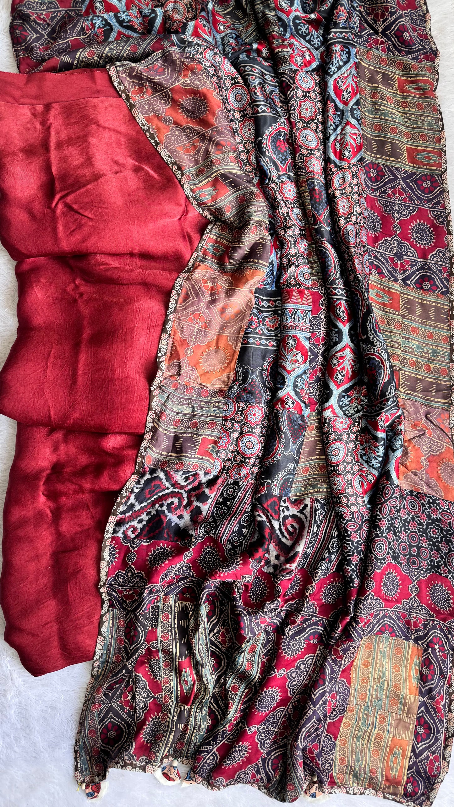 Maroon Solid Shade Modal Silk Ajrakh Hand Block Print 2pc Suit Material Set with Applique Work Dupatta