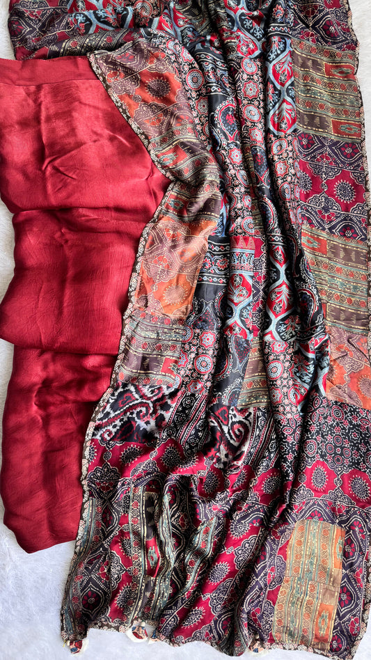 Maroon Solid Shade Modal Silk Ajrakh Hand Block Print 2pc Suit Material Set with Applique Work Dupatta