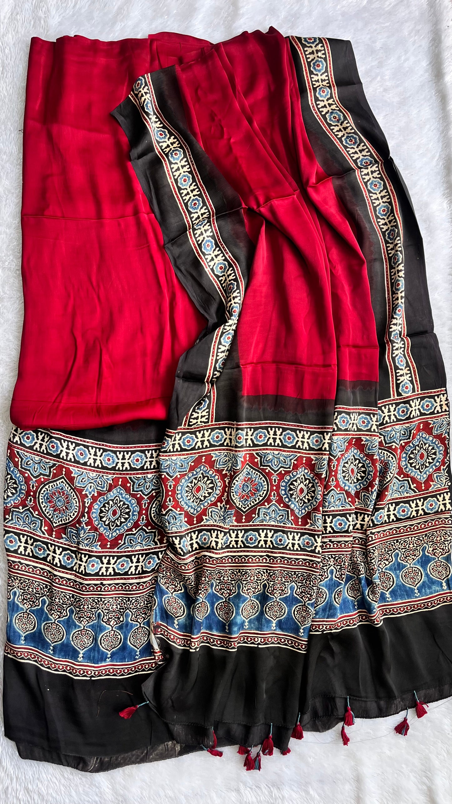 Ravishing Red Badaam Buta Print Modal Silk Ajrakh Natural Dyed Hand Block Print 2pc Suit Material Set