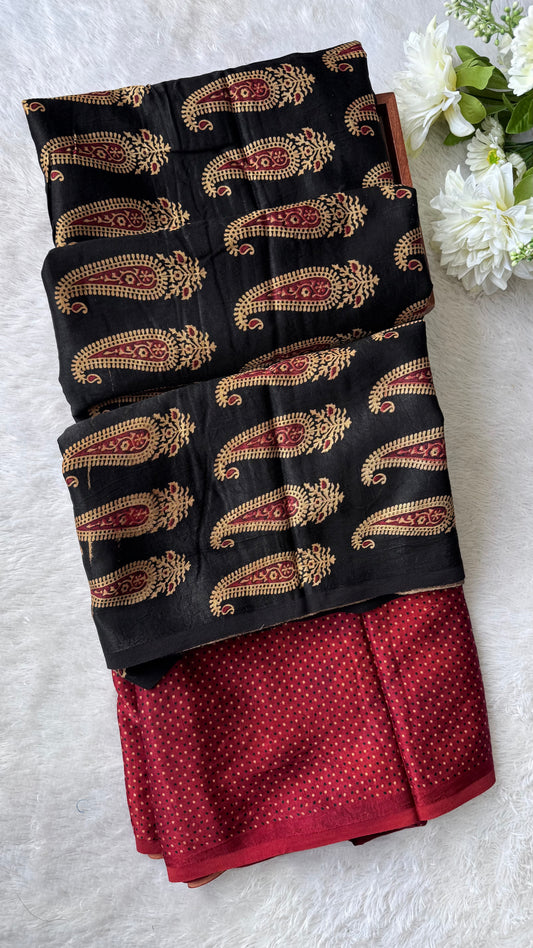 Red and Black Mugal Buti Motif Ajrakh Mashru Silk Kurta Pant Fabric