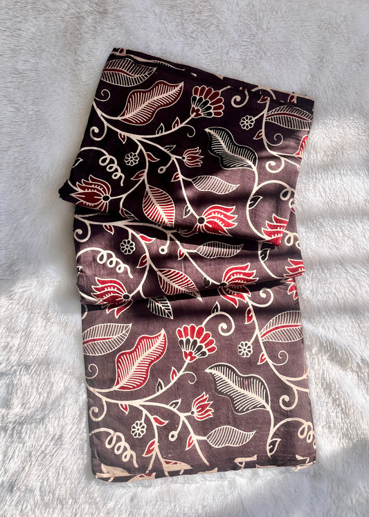 Chocolate Brown Flower and Leaf Motif Ajrakh  Pure Cotton Fabric