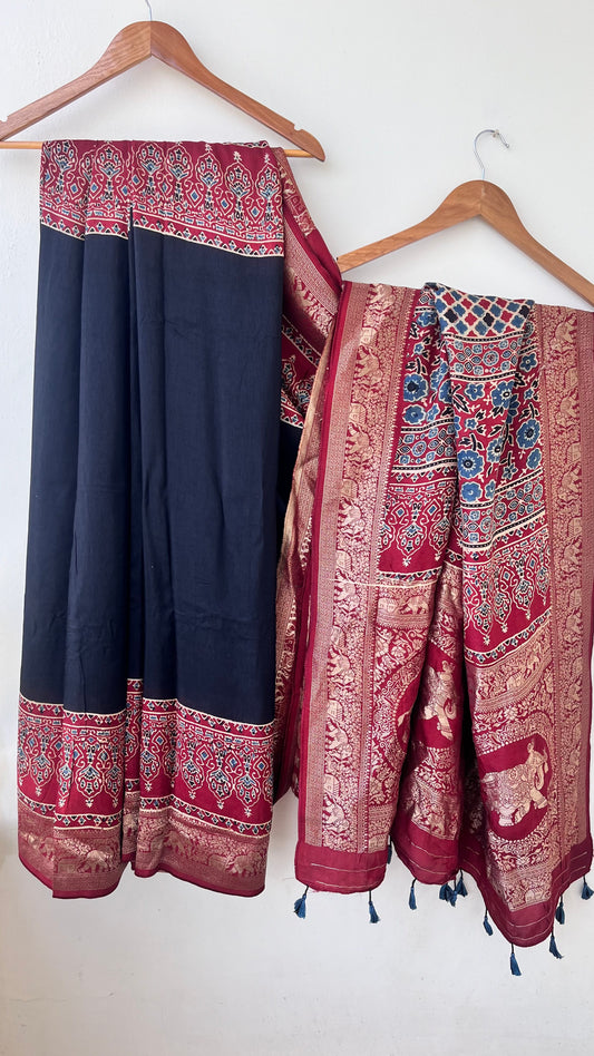 Black and Red Solid Buta Motif Ajrakh Hand Block Dola Silk Saree with Zari Pallu (With Blouse)