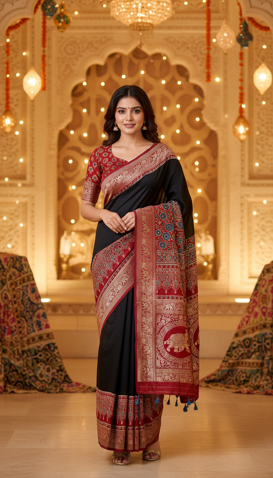 Black and Red Solid Buta Motif Ajrakh Hand Block Dola Silk Saree with Zari Pallu (With Blouse)