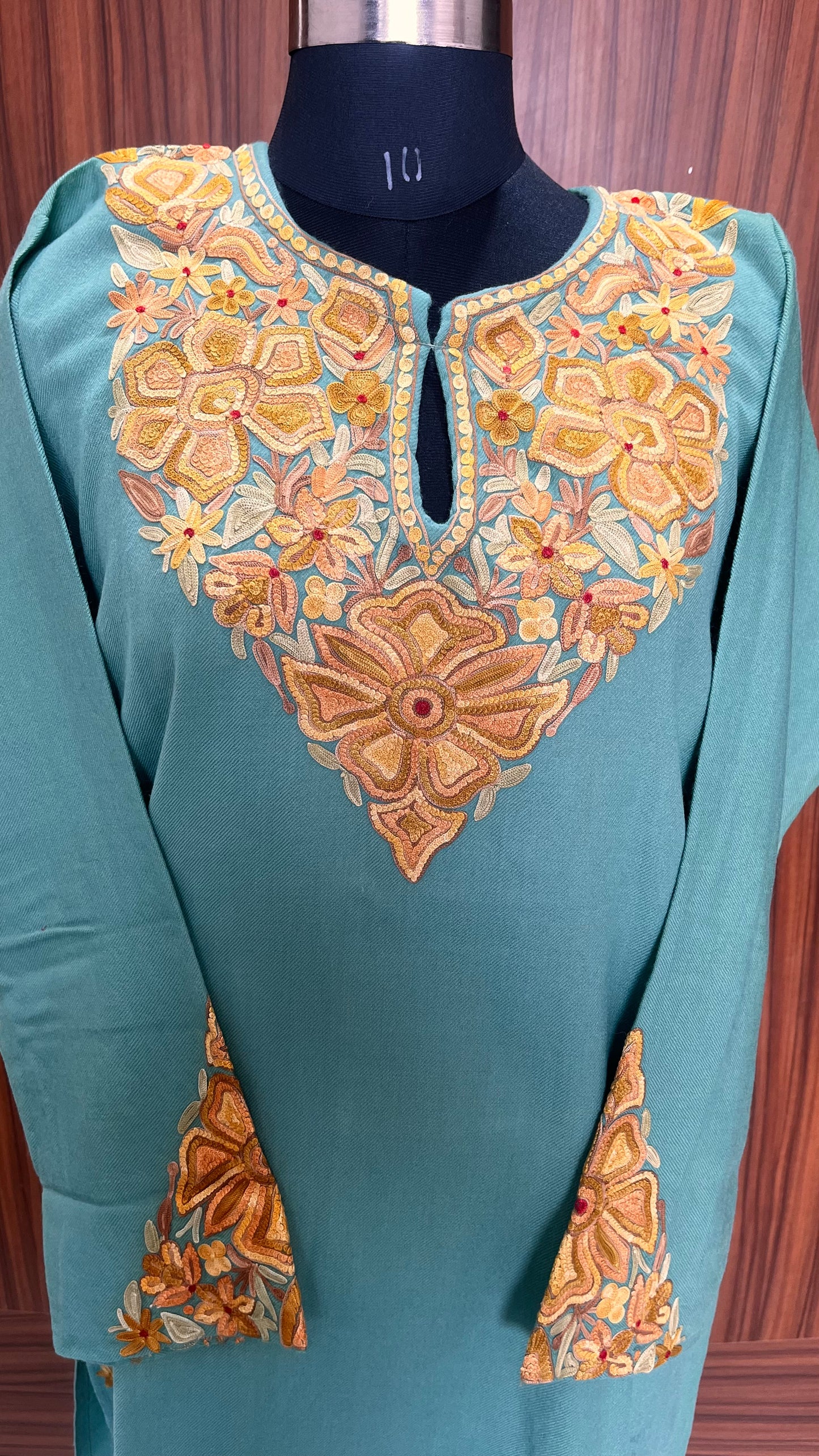 Sea Green Shade Aari Hand Embroidered Marino Wool Pheran with Pockets