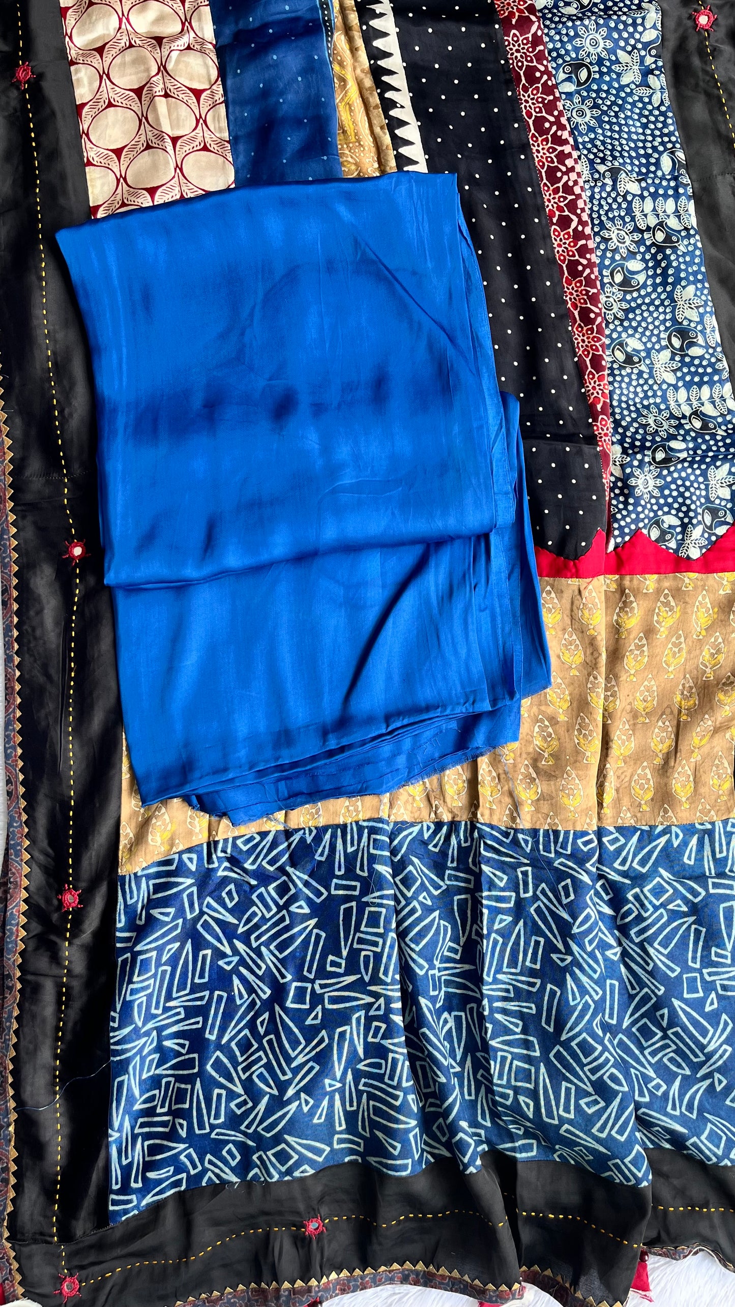 Indigo Solid Shade Modal Silk Ajrakh Hand Block Print 2pc Suit Material Set with Applique Work Dupatta