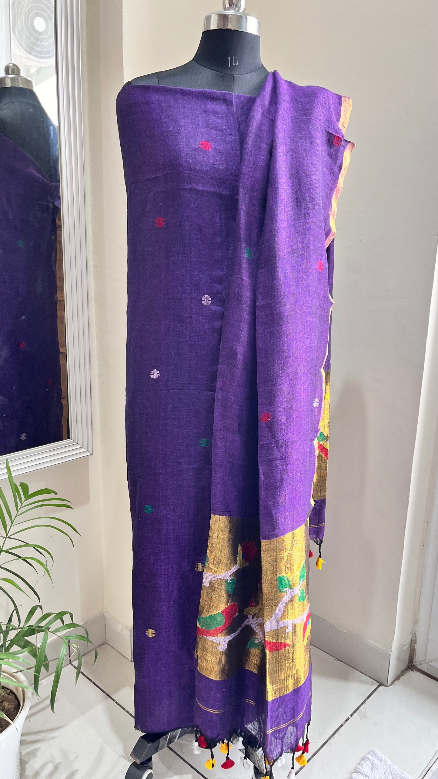 Purple Paithani Unstitched Pure Linen on Linen Hand Woven Daman 2 pc Suit Set