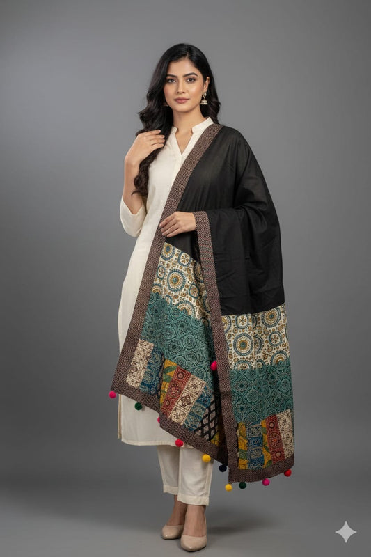 Black Ajrakh Patchwork Cotton Stole