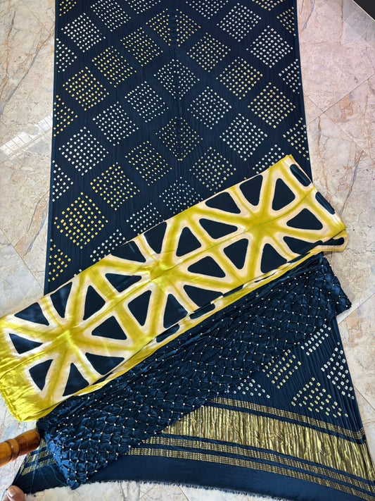 Dark Blue and Yellow Modal Silk 3 pc with Bandhej Dupatta/ Lower And Clamp Dye Kurta