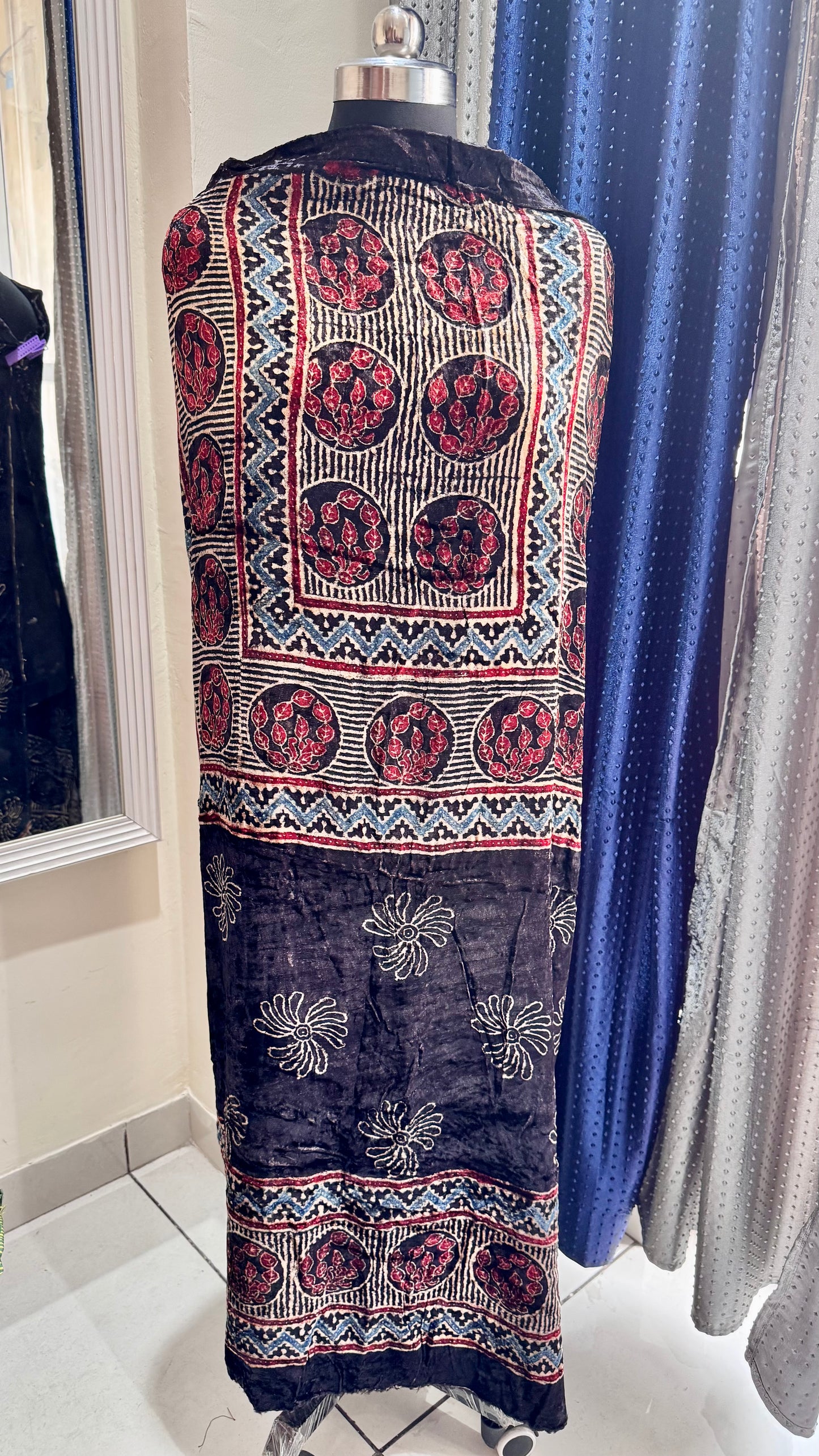 Black Buta Velvet Fabric Ajrakh Hand Block Print Designer Unstitched Fabric (Kurta Only)