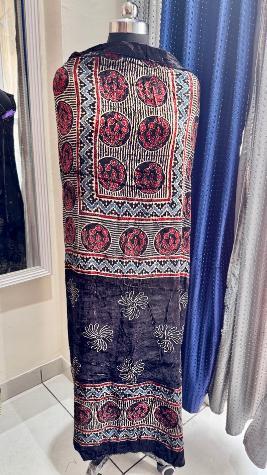 Black Buta Velvet Fabric Ajrakh Hand Block Print Designer Unstitched Fabric (Kurta Only)