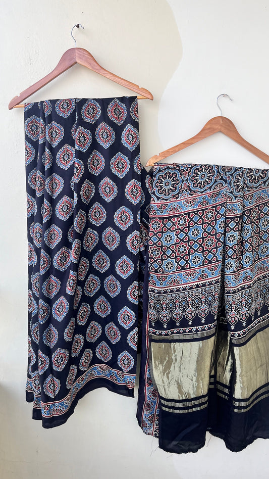 Black Seepi Booti Ajrakh Hand Block Natural Dye Modal Silk Lagdi Patti Saree With Blouse