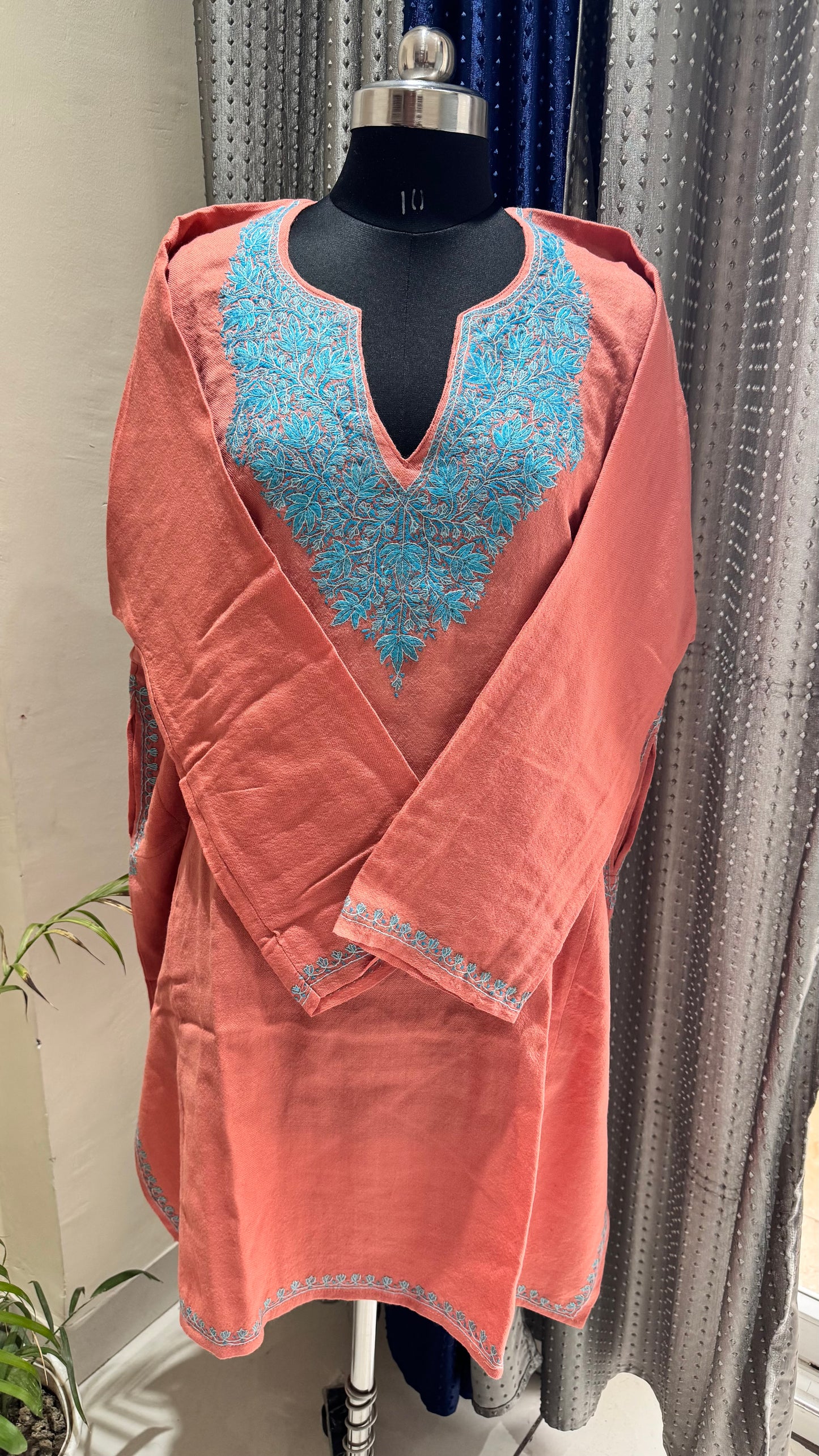Peach and Blue Hand Embroidered Pure Marino Wool Kashmiri Pheran with Pockets and Hand Embroidered Sleeves (Size 54”)