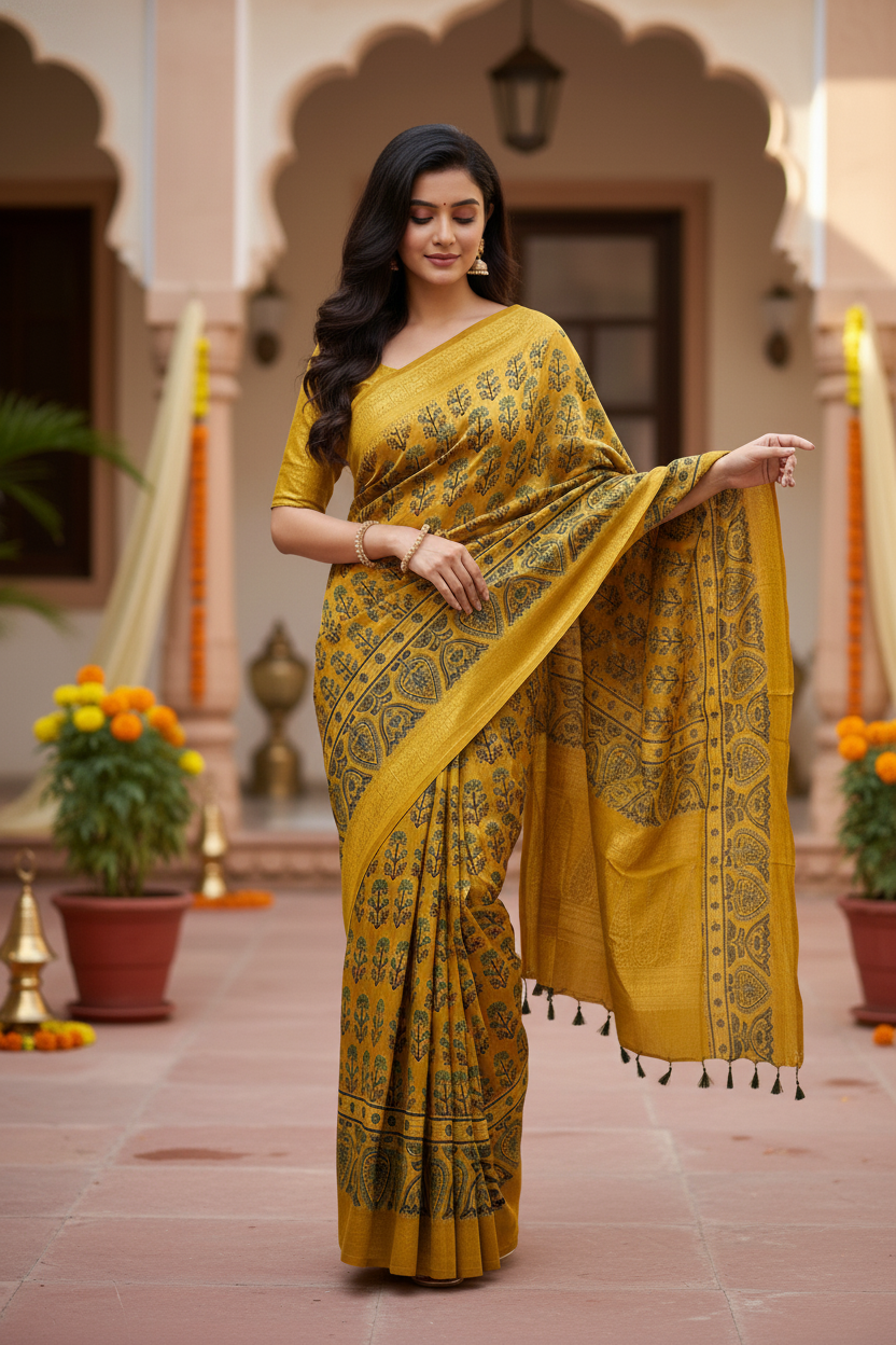 Turmeric Yellow Mugal Buta Motif Ajrakh Hand Block Dola Silk Saree with Zari Pallu (With Blouse)