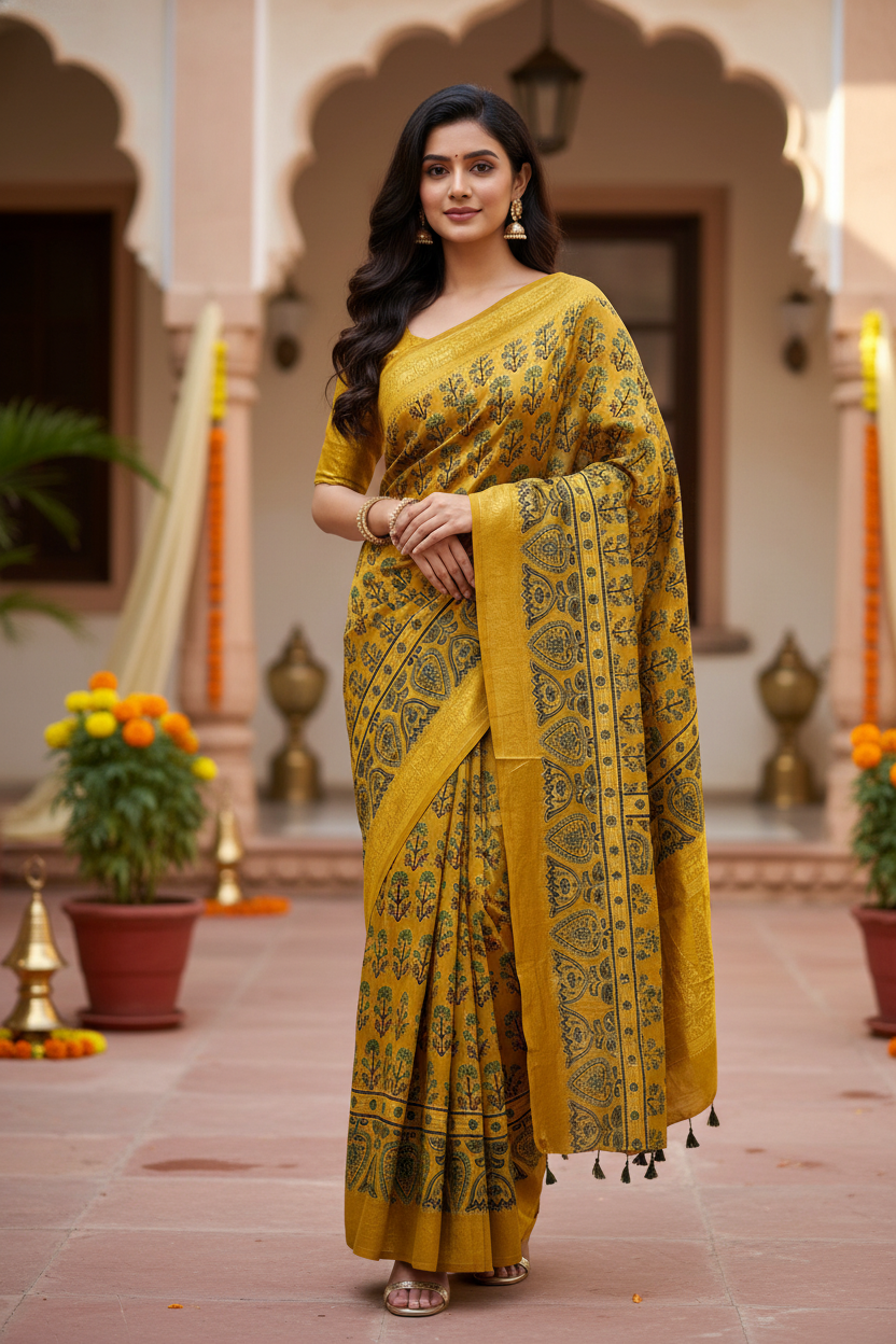 Turmeric Yellow Mugal Buta Motif Ajrakh Hand Block Dola Silk Saree with Zari Pallu (With Blouse)