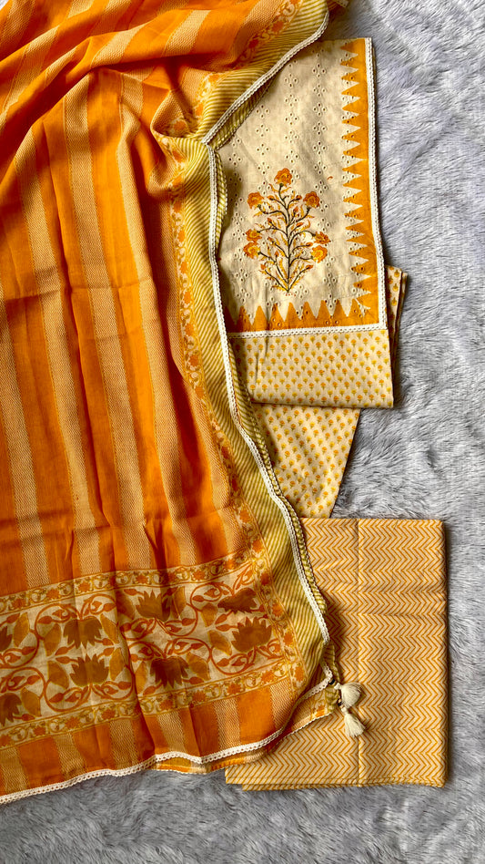 Yellow Small Booti with Schiffli Yoke Unstitched Pure Cotton Suit Set with Mul Cotton Dupatta