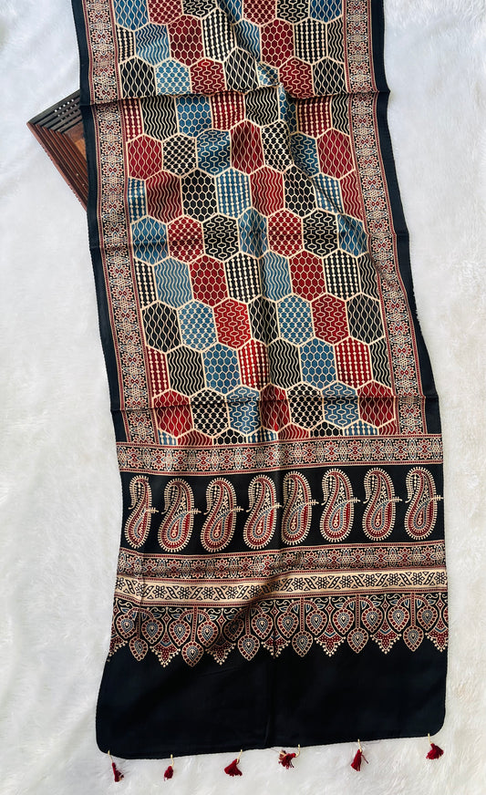 Black and Red Honeycomb Motif Ajrakh Hand Block Print Mashru Silk Stole