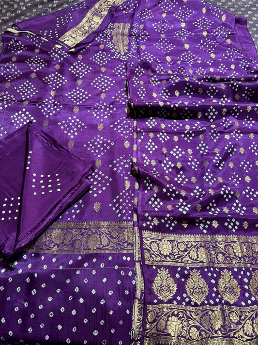Purple Panache Raidana Bandhej Pure Dola Silk Ajrakh Hand Block Print 3 pc Suit Material Set with Menakari Yoke and Nakkashi Dupatta and Bottom
