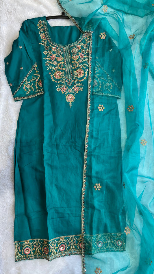 Teal Blue Pure Muslin Suit Set with Organza Dupatta and Organza Sleeve Details