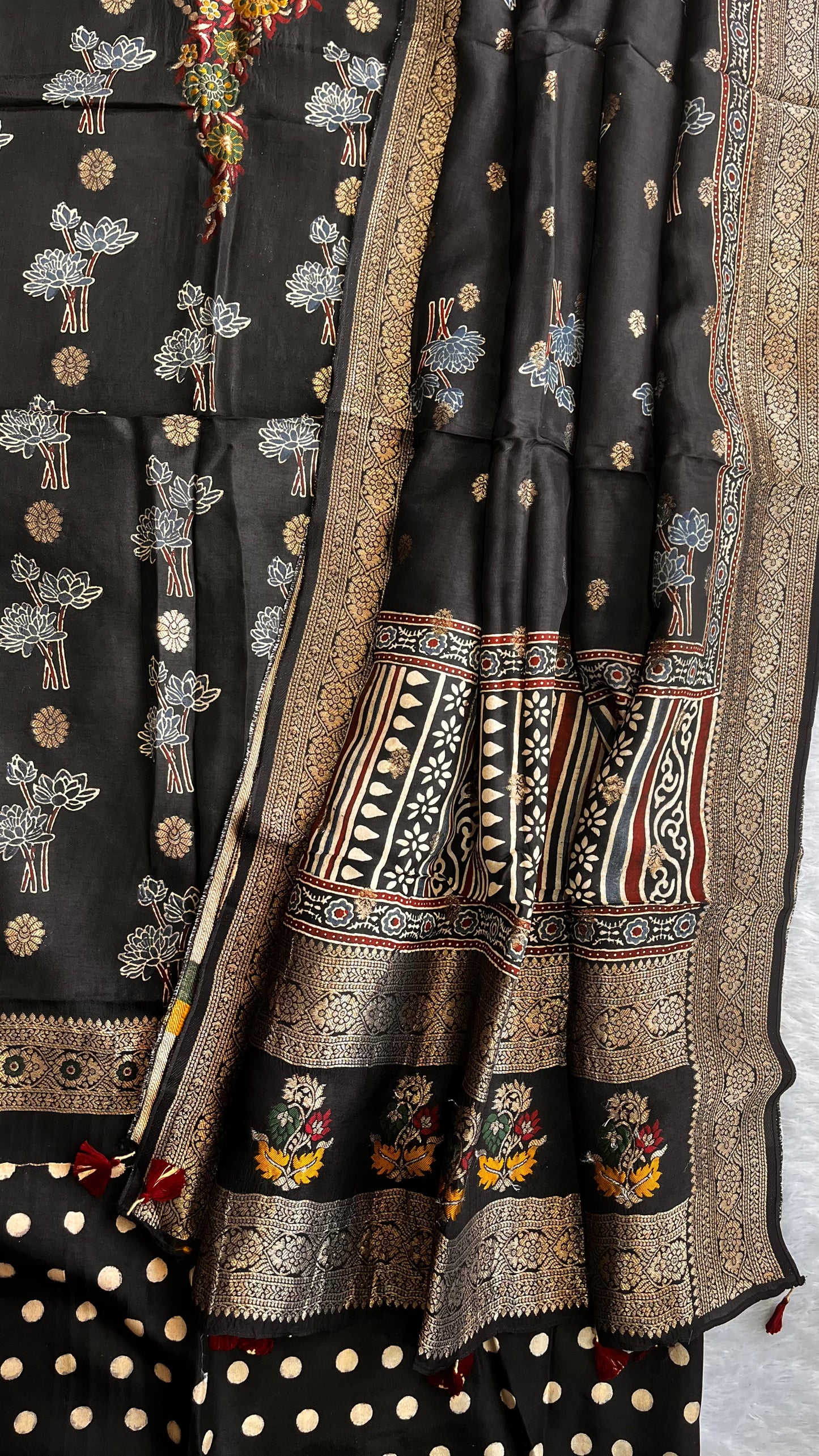 Black Boota Pure Dola Silk Ajrakh Hand Block Print 2pc Suit Material Set with Menakari Yoke and Nakkashi Dupatta