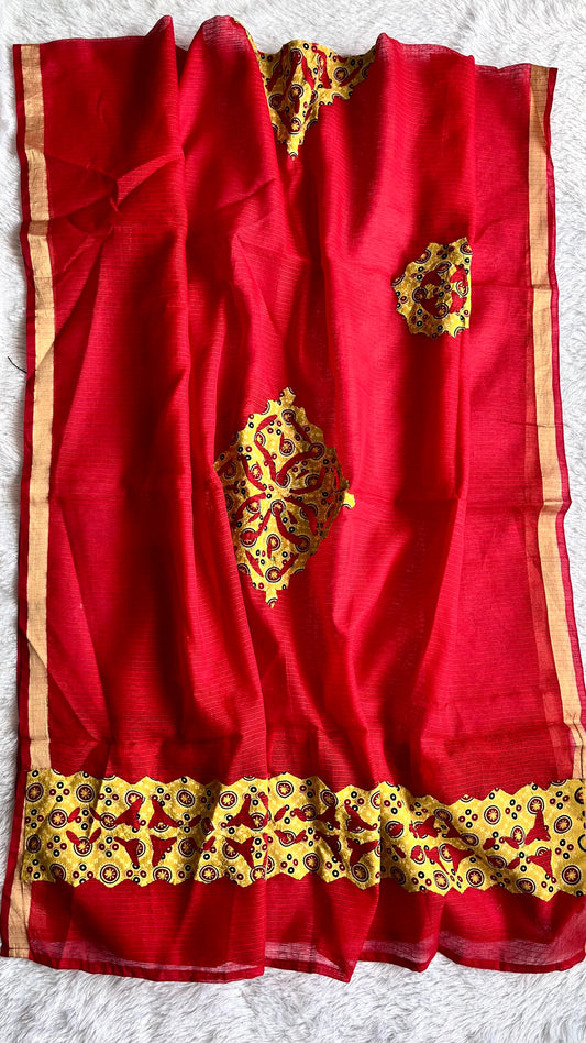 Red Kota Doria Dupatta with Mustard Ajrakh Applique Patchwork