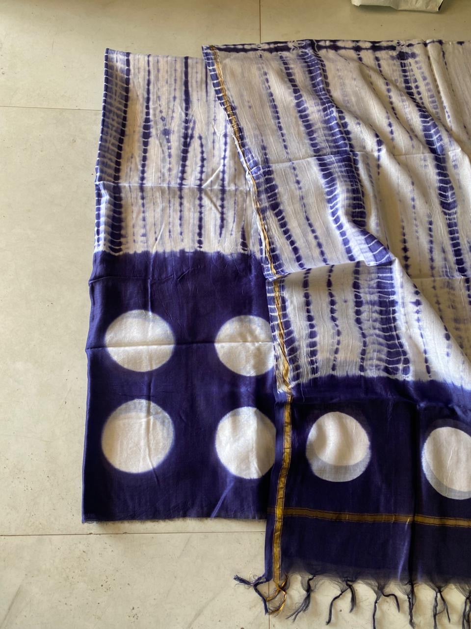 Navy Blue Clamp Dye Motif Hand Block Print Chanderi Silk Suit Material