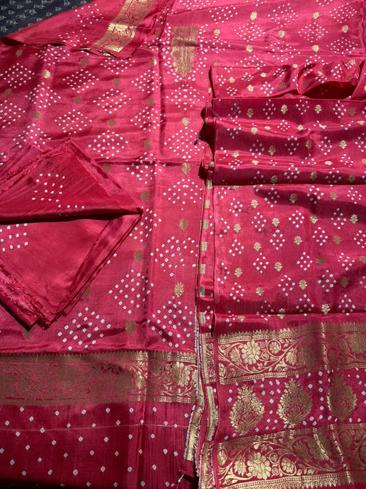 Pretty Pink Raidana Bandhej Pure Dola Silk Ajrakh Hand Block Print 3 pc Suit Material Set with Menakari Yoke and Nakkashi Dupatta and Bottom