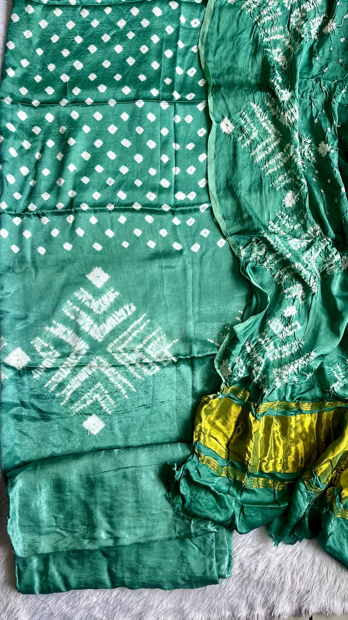 Turquoise Green Bandhej Semi Modal Silk 3 pc Suit Set with Lagdi Patti Dupatta