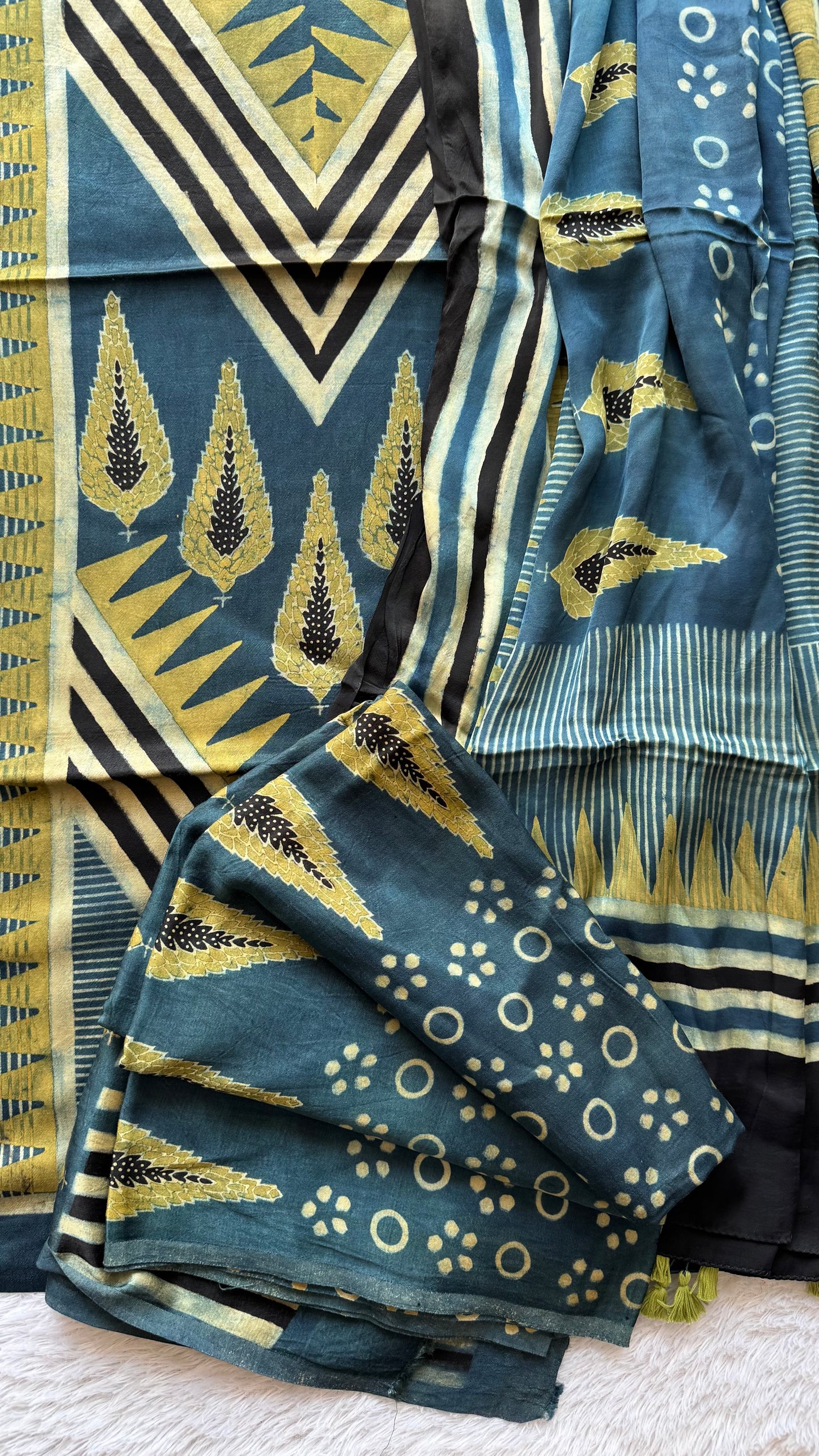 Indigo Asopallav Motif Ajrakh Hand Block Print Mashru Silk 3 pc Suit Material with Modal Silk Dupatta