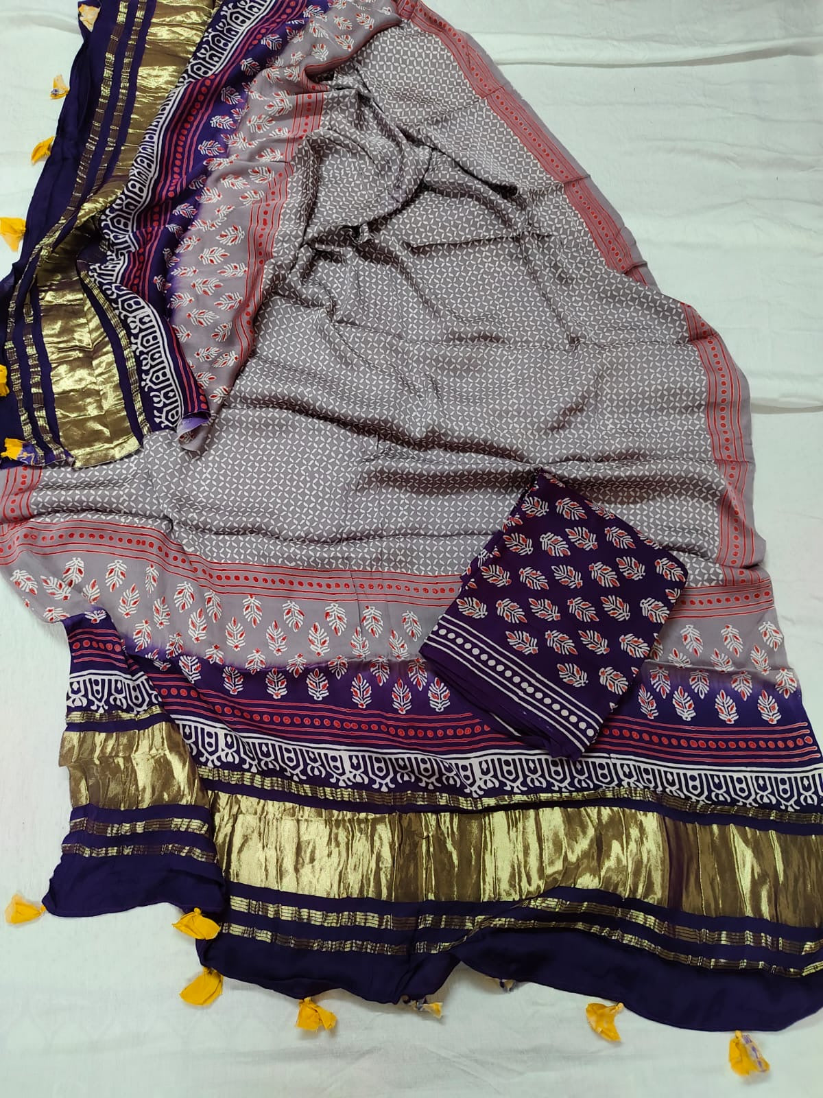 Purple and Cement Grey Modal Silk Ajrakh Hand Block 2 pc Suit Set with Ladgi Patti Dupatta