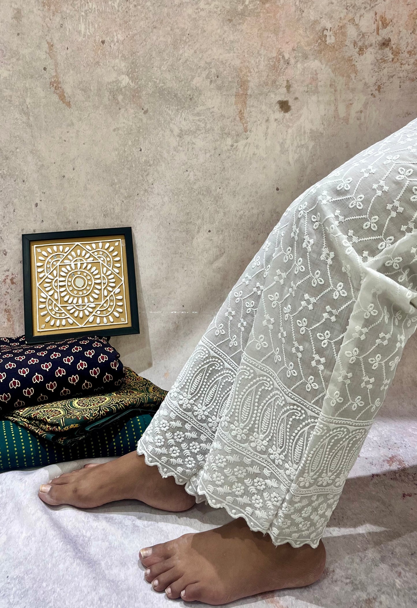 White Cotton Pants with Full Chikankari Work