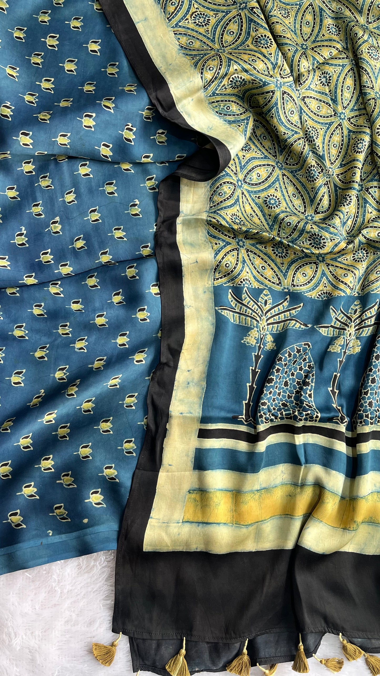 Indigo Blue Kamal Buti Motif Modal Silk Ajrakh Hand Block 2 pc Suit Set (Top and Stole)