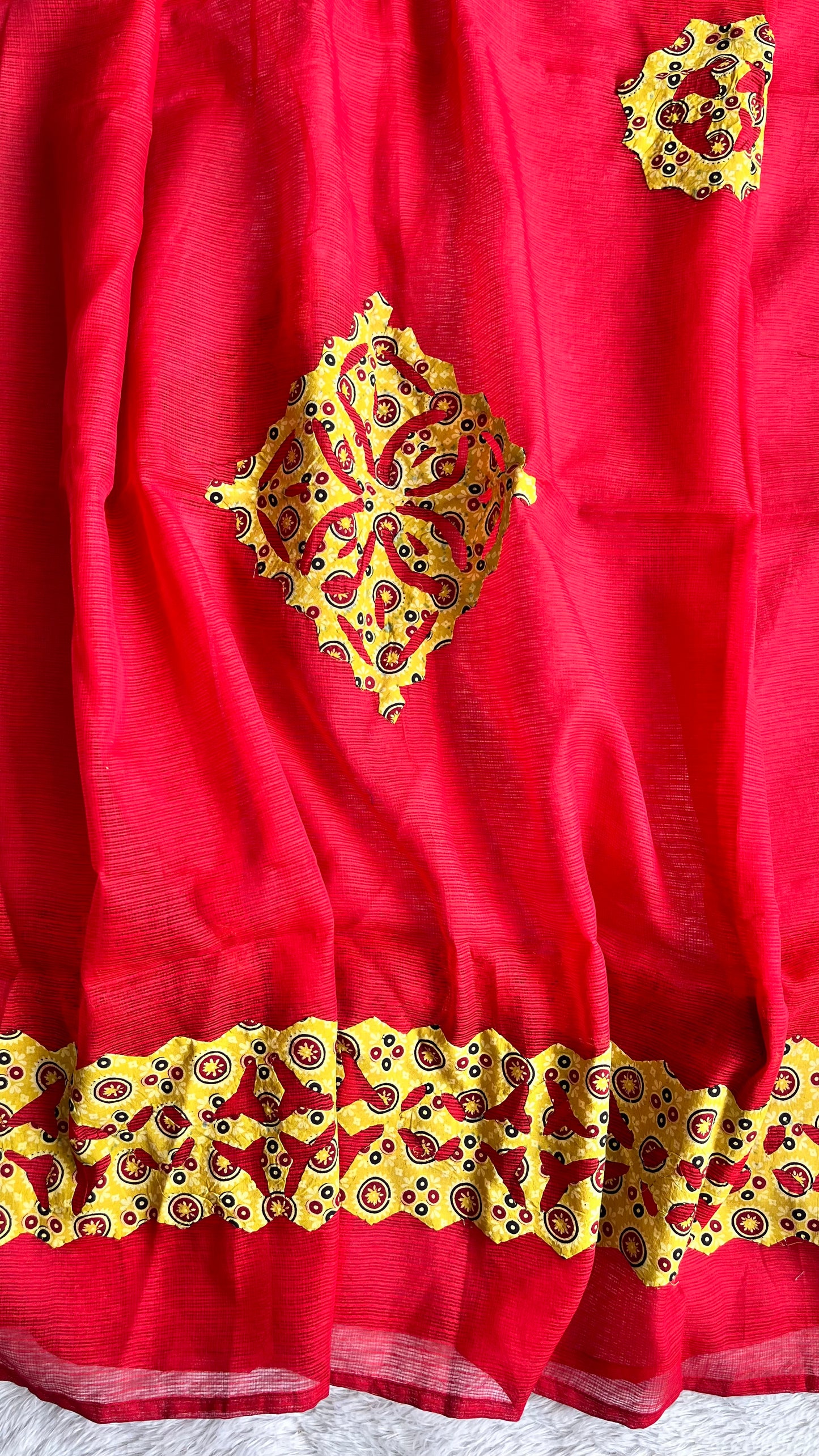 Red Kota Doria Dupatta with Mustard Ajrakh Applique Patchwork
