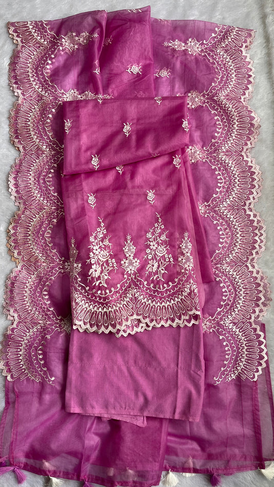 Lovely Lavender Shade Banarasi Tissue Silk 3-Piece Suit with Threadwork & Organza Dupatta