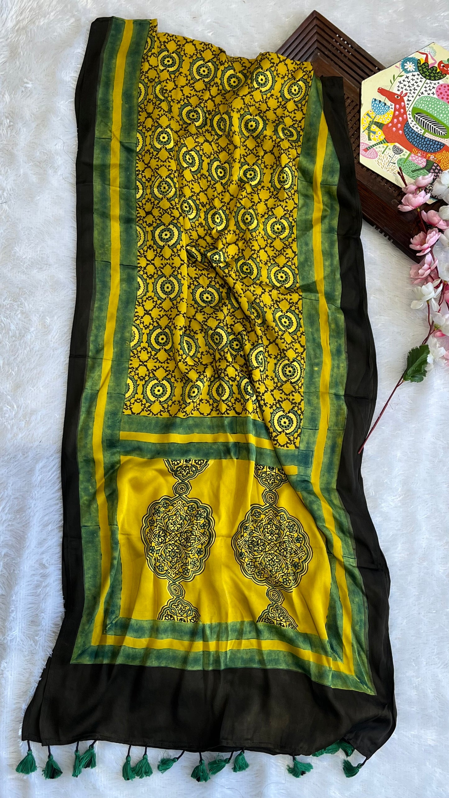 Green and Yellow Circle Motif Ajrakh Hand Block Print Modal Silk Stole with Tassels