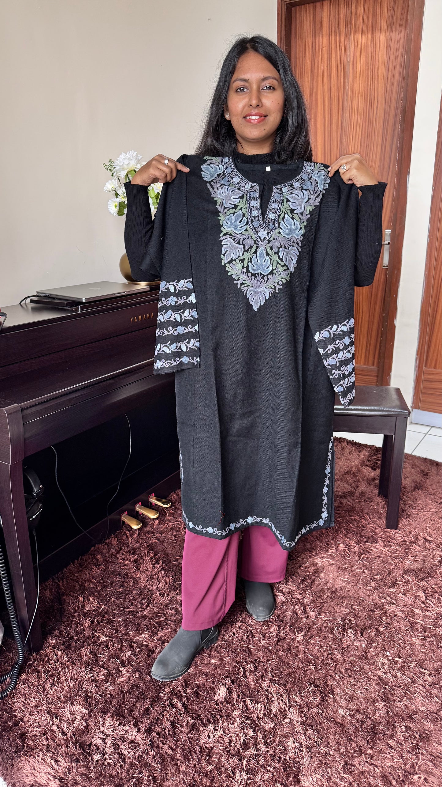 Jet Black Chinar Hand Embroidered Pure Marino Wool Kashmiri Pheran with Pockets and Hand Embroidered Sleeves (Size 52”)