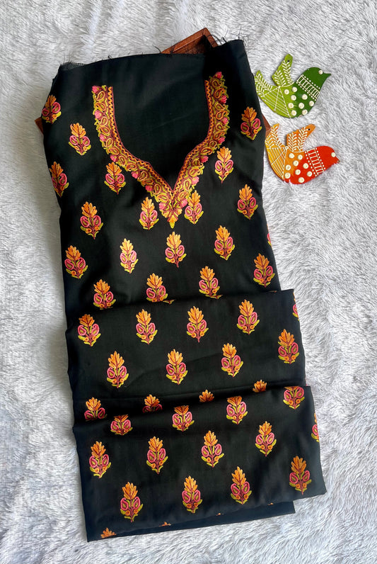 Black with Yellow Small Booti Thread work Pure Cotton Kashmiri Aari Embroidered Co Ord 2 pc Set