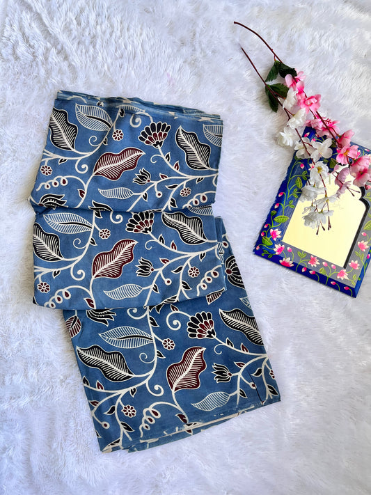 Blue Flower and Leaf Motif Ajrakh Hand Block Pure Cotton Fabric