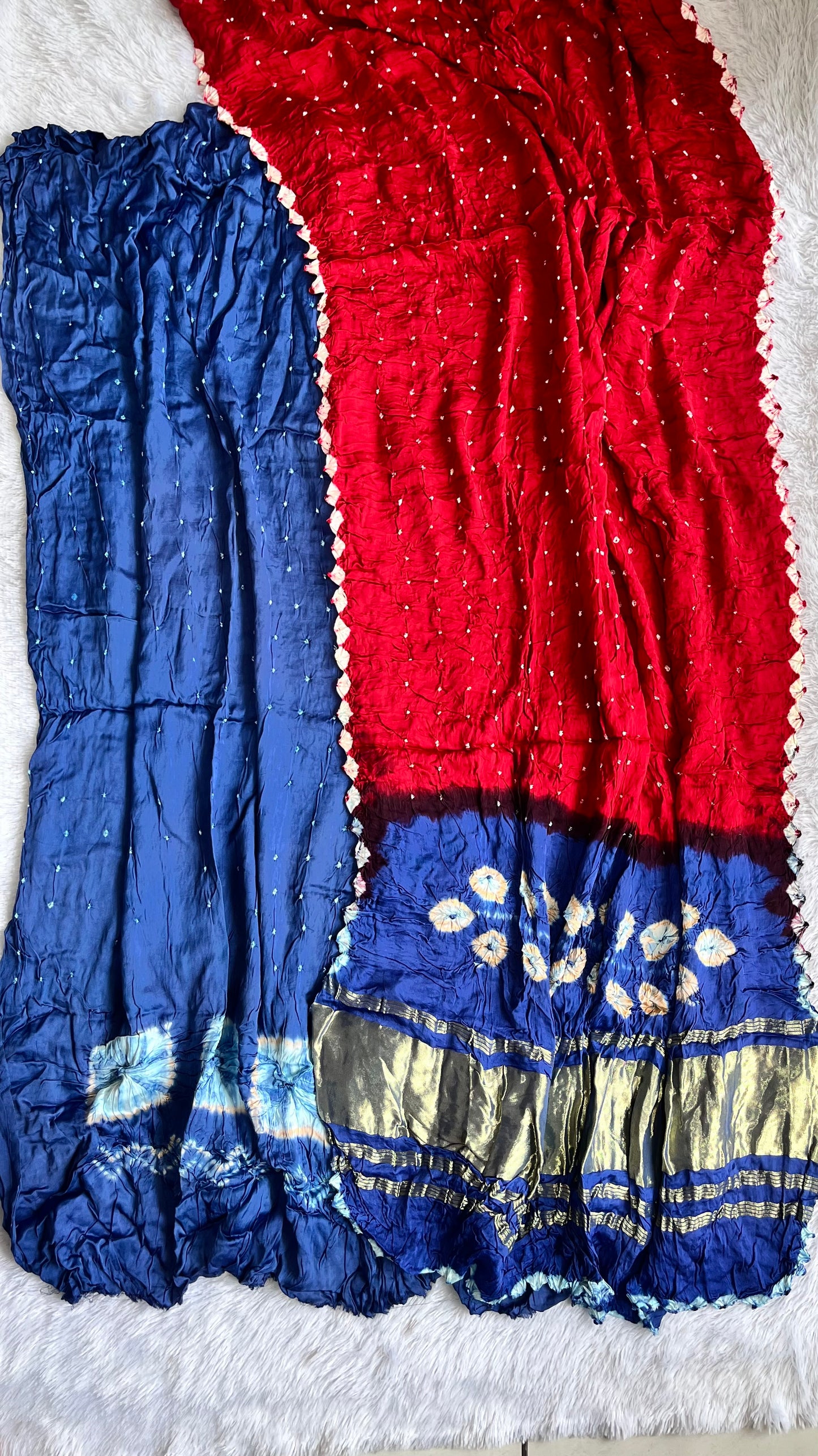 Ink Blue and Red Bandhej Modal Silk Hand Block Print 2pc Suit Material with Lagdi Patti Bandhej Dupatta