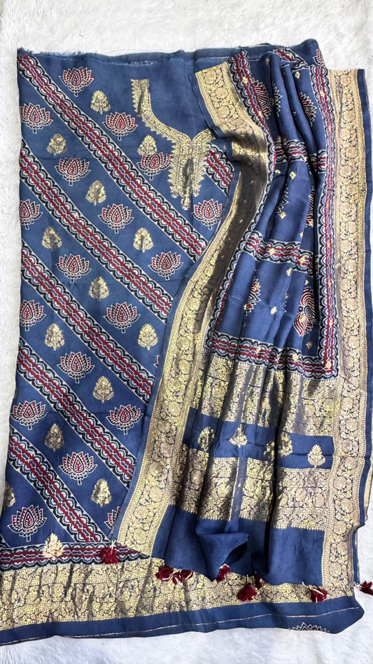 Royal Blue Kamal Boota Pure Dola Silk Ajrakh Hand Block Print 2pc Suit Material Set with Zari Yoke and Nakkashi Dupatta