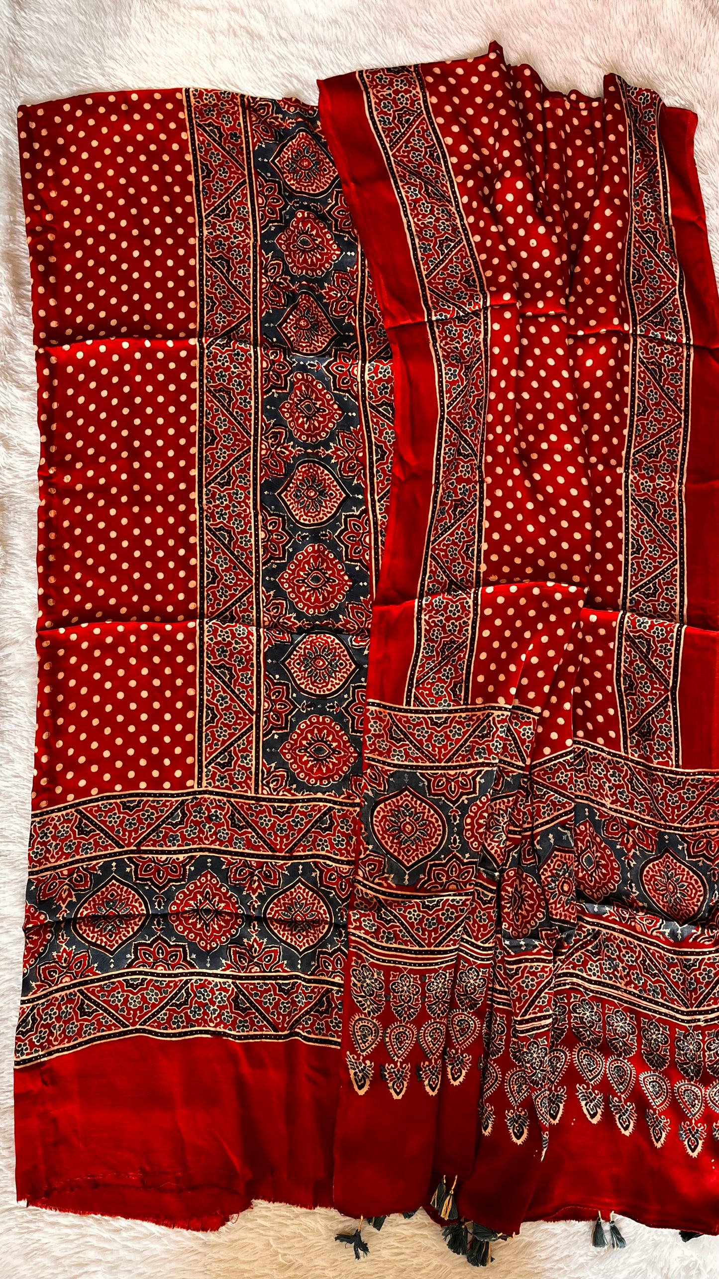 Red Classic Badaam Buta and Polka Motif Modal Silk Ajrakh Natural Dyed Hand Block Print 2pc Suit Material