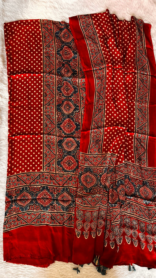 Red Classic Badaam Buta and Polka Motif Modal Silk Ajrakh Natural Dyed Hand Block Print 2pc Suit Material