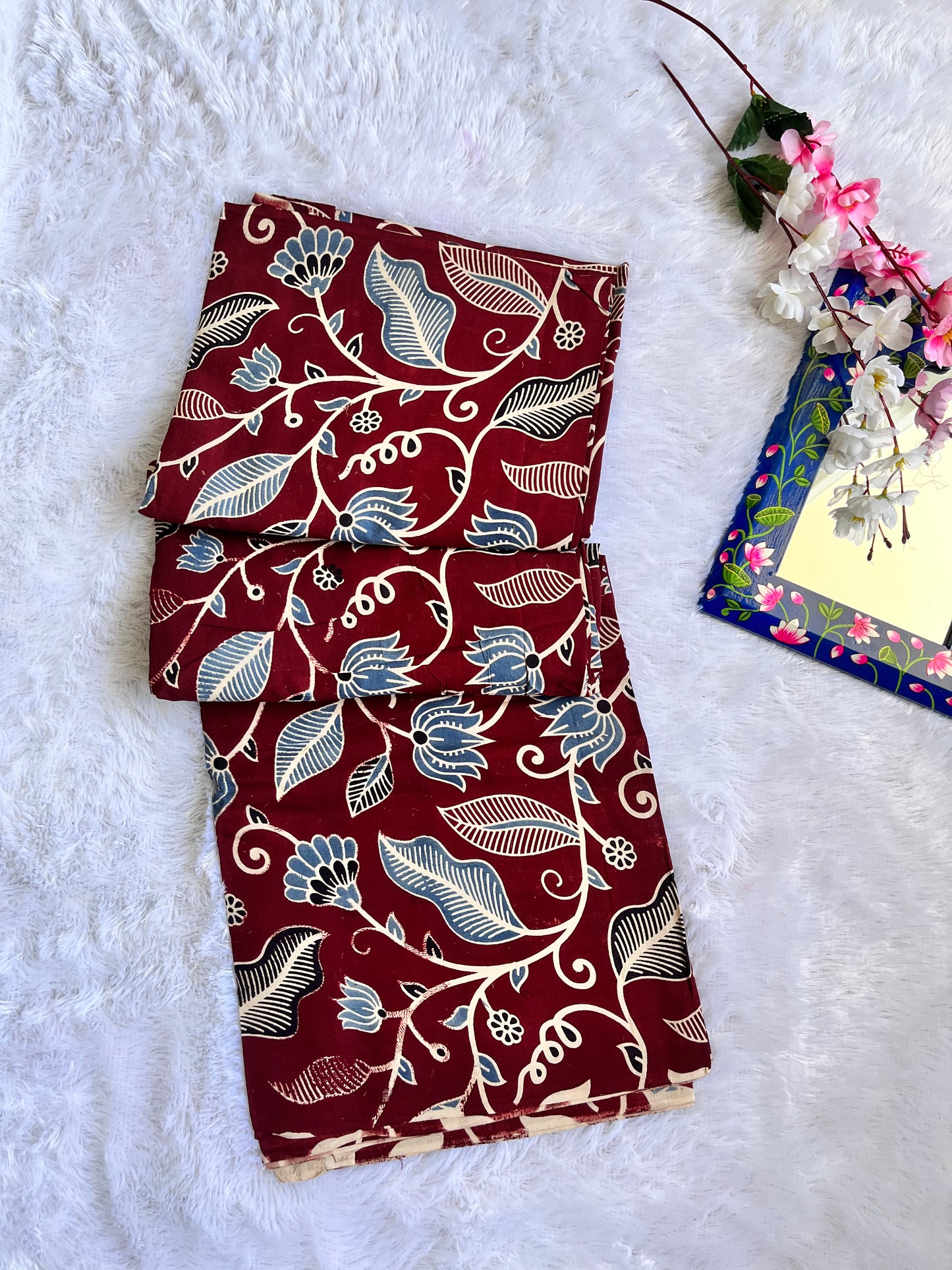 Deep Maroon Flower and Leaf Motif Ajrakh  Pure Cotton Fabric