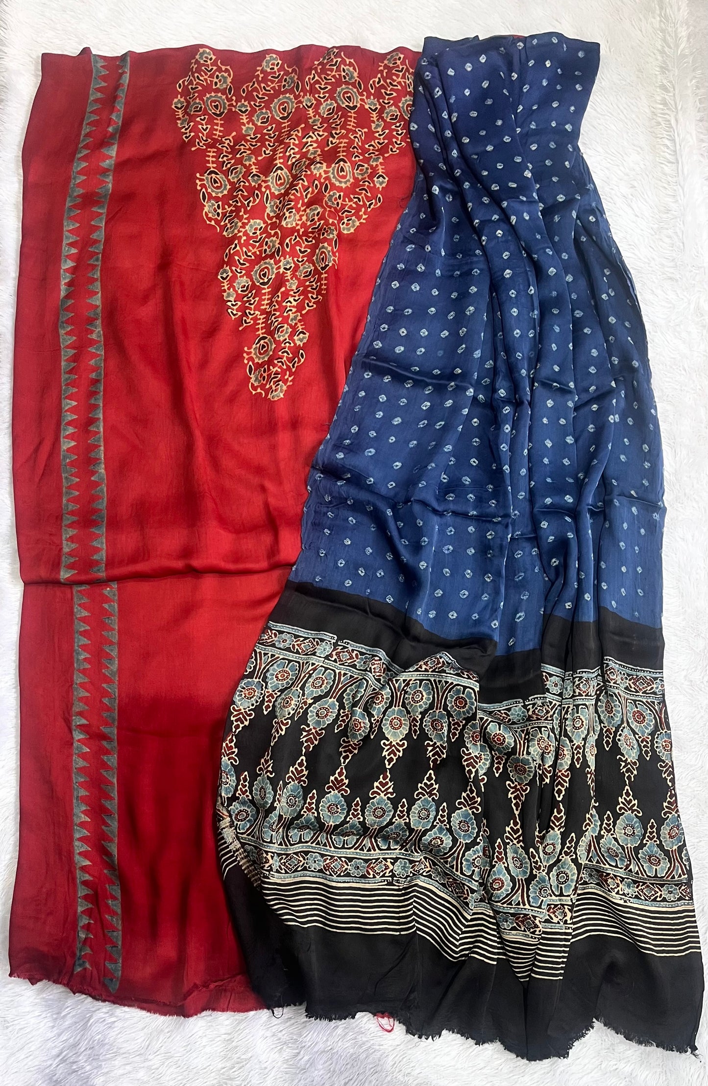 Red Boota Motif Ajrakh Hand Block Print Modal Silk Suit with Bandhej Dupatta