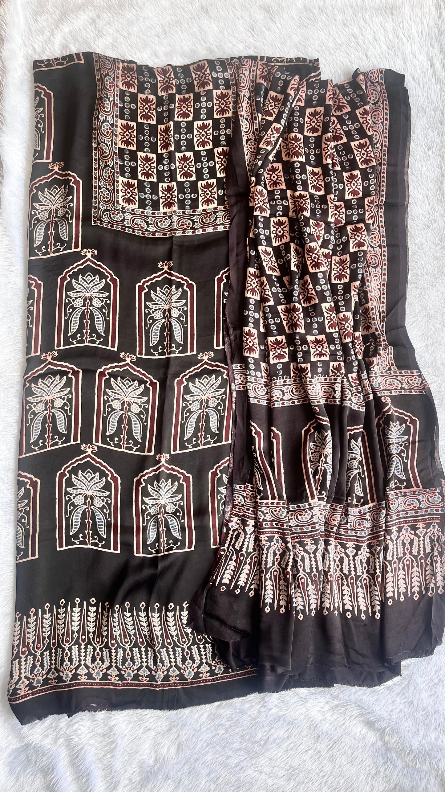 Black Jharokha Motif Modal Silk Ajrakh Hand Block 2pc Suit Set